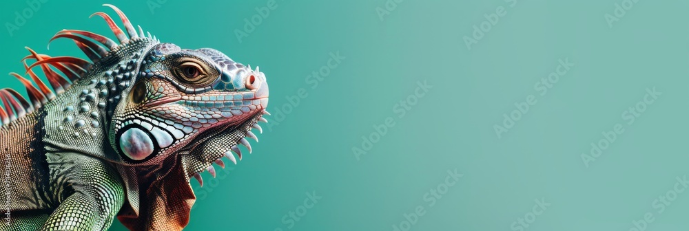 Iguana isolated on mint green background. Adorable exotic pet. Funny animal portrait. Design for banner, header, advertising with copy space