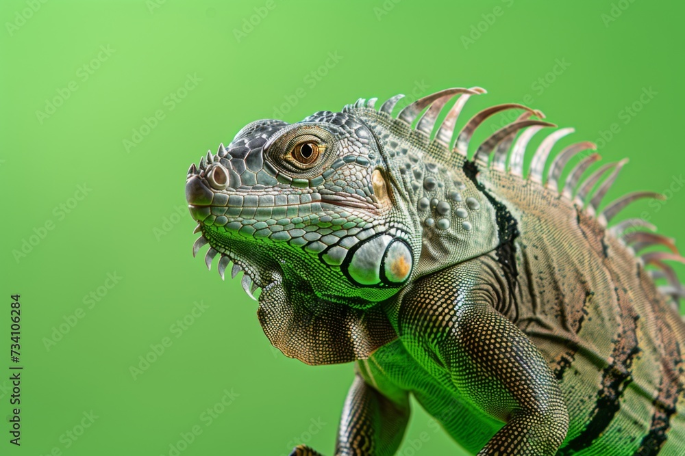 Fototapeta premium Iguana isolated on green background. Adorable exotic pet. Funny animal portrait. Design for banner, poster, advertising 