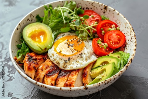 A nourishing meal of fresh produce and protein-rich ingredients, topped with a perfectly fried egg and creamy avocado, all beautifully plated for a satisfying lunch or brunch