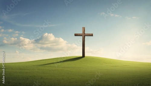 Wooden Cross in the center of green meadow with blue sky above. AI generated