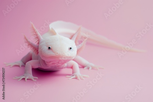 Cute axolotl isolated on pink background. Adorable exotic pet. Funny animal portrait. Design for banner, poster, advertising with copy space