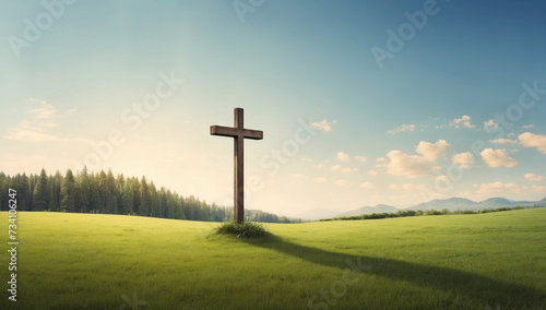 Wooden Cross in the center of green meadow with blue sky above. AI generated