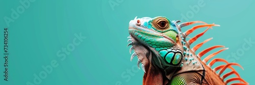 Iguana isolated on mint green background. Adorable exotic pet. Funny animal portrait. Design for banner, header, advertising with copy space. Close-up shot