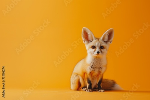 Cute fennec fox sits on orange background. Adorable exotic pet. Funny animal portrait. Design for banner, poster, advertising with copy space © dreamdes