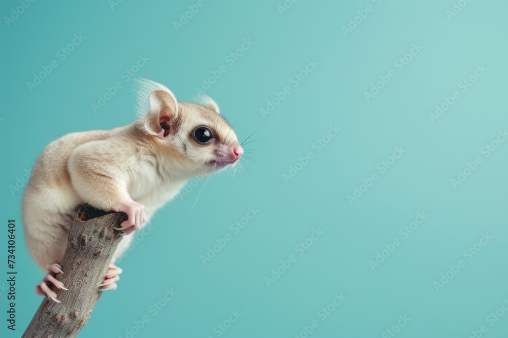 Sugar glider on blue background. Adorable exotic pet. Wild animal, wildlife concept. Design for banner, poster, advertising with copy space