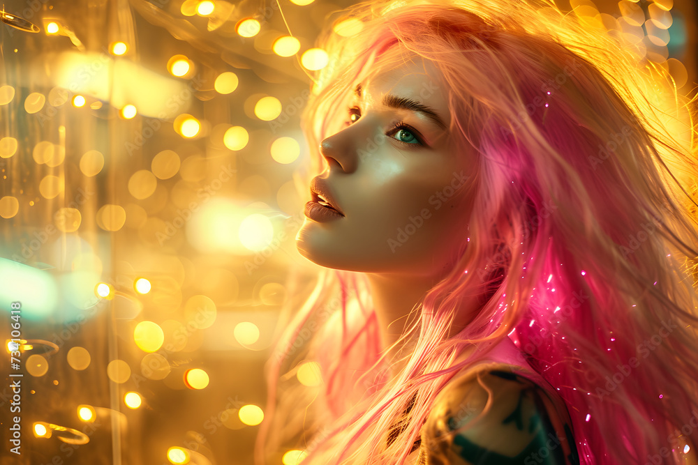 Porträt einer hübschen jungen Frau mit rosa gefärbten Haaren: Schönheit und Individualität im Bokeh-Hintergrund Porträt einer hübschen jungen Frau mit rosa gefärbten Haaren: Schönheit und Individualität im Bokeh-Hintergrund