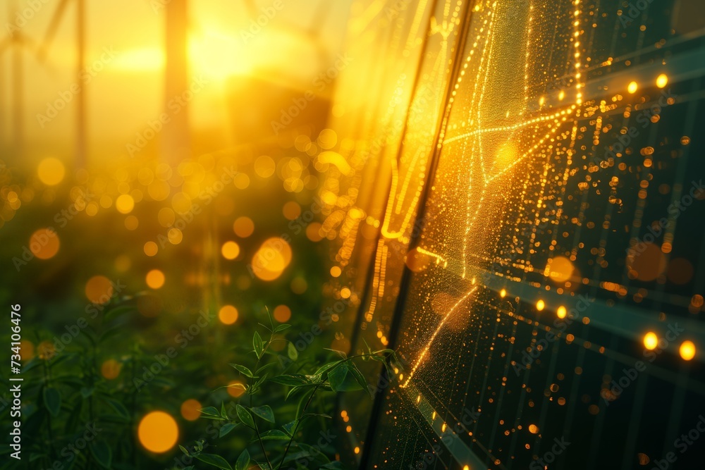 Obraz premium Solar panel grid beside wind turbines at sunrise, sparkling droplets on leaves, synergy of nature and green tech. Dawn's first light on solar farm, windmills stand tall, dew-laden plants glisten,