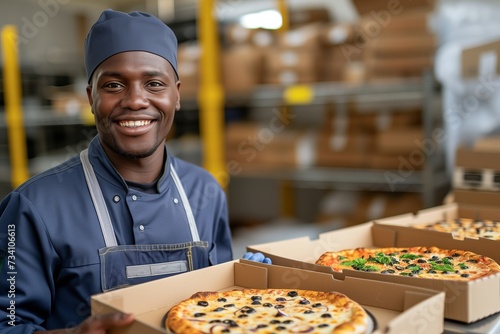 Cheerful pizzeria worker in blue apron holds pizzas in boxes, warehouse backdrop signifies busyness. Happy employee presents multiple pizza varieties, industrial setting conveys efficient delivery.