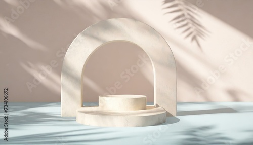 Abstract minimal scene with geometric forms an arc, podium in white background with shadow