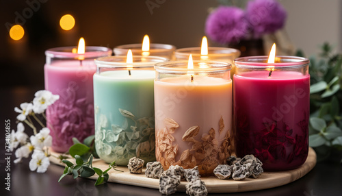 Aromatherapy candle burning on wooden table, nature relaxation therapy generated by AI