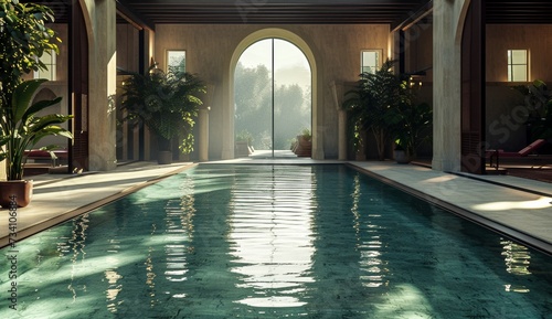A lush oasis nestled inside a grand building, the indoor swimming pool surrounded by vibrant plants invites visitors to indulge in the tranquil thermae of a luxurious spa town © Radomir Jovanovic