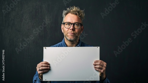 A thoughtful man in glasses stands before a wall, holding a blank sign, his face framed by a human beard as he clutches a laptop in his hand