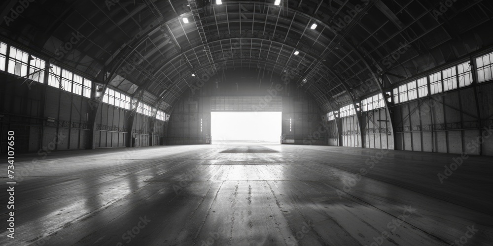 A black and white photo of an empty warehouse. Perfect for industrial or urban-themed designs