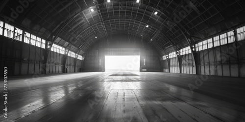 A black and white photo of an empty warehouse. Perfect for industrial or urban-themed designs
