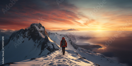 Hiker in orange jacket walking on snow covered mountain peak at sunset © Graphicsstudio 5