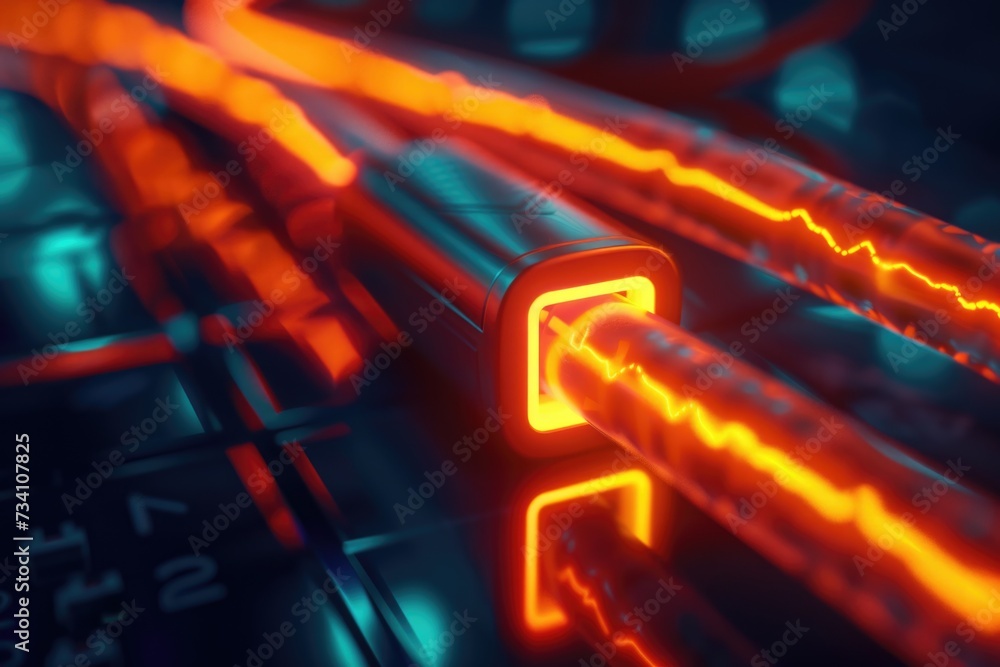 A detailed view of a computer keyboard illuminated by vibrant neon lights.