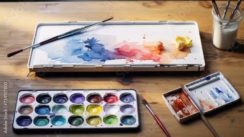 Paint palettes watercolor painting set. Artist paint brushes and paint cans of paint 