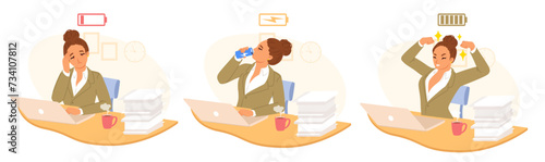 Female office worker feeling tired and lack of energy drinking energetic beverage