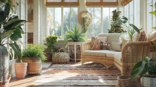 A bright and airy sun room filled with lush green plants and a comfortable couch. Perfect for creating a relaxing and peaceful atmosphere. Ideal for home decor or interior design projects