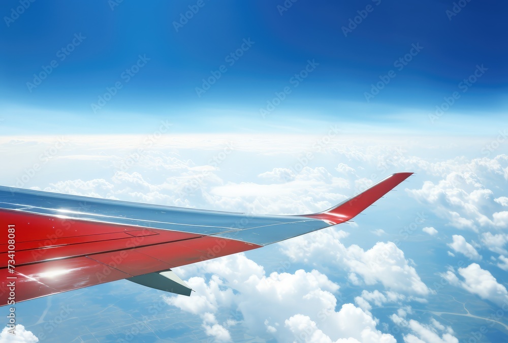 Fototapeta premium Airplane wing on blue sky background. View from airplane window.
