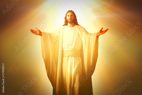 Jesus Christ bathed in heavenly bright light, son of god our saviour returning in fantastic beam of heaven shining star