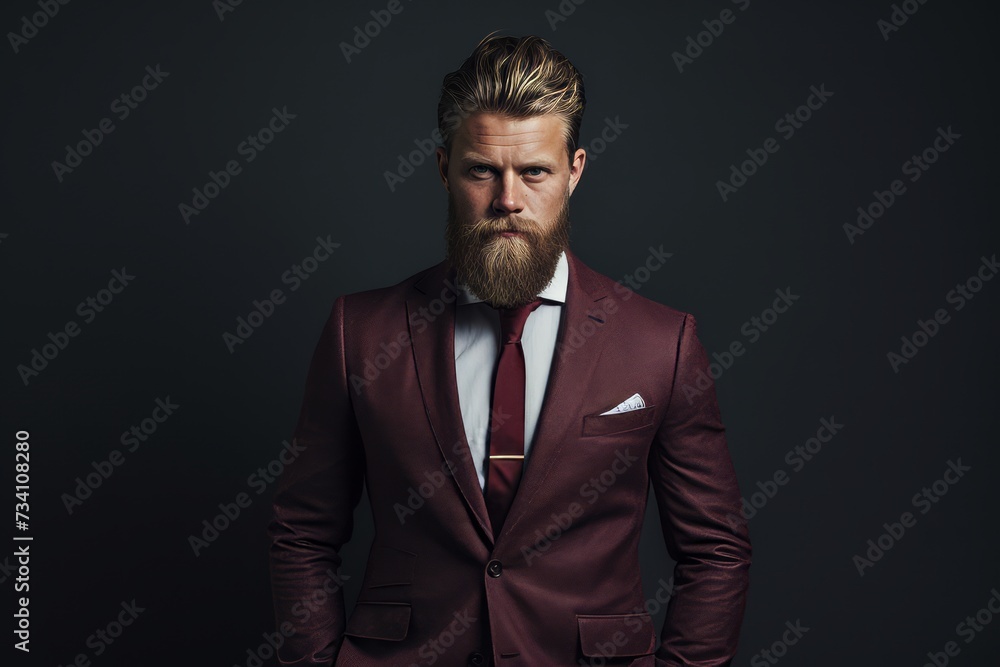 Portrait of a handsome bearded man in a red suit. Men's beauty, fashion. Portrait of a handsome bearded man in a red suit. Men's beauty, fashion.