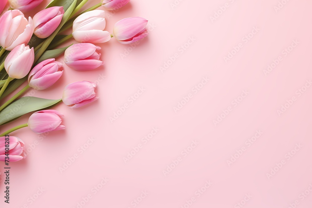 Top view of vibrant tulips blooming on a soft pastel pink backdrop with ample copy space for text.