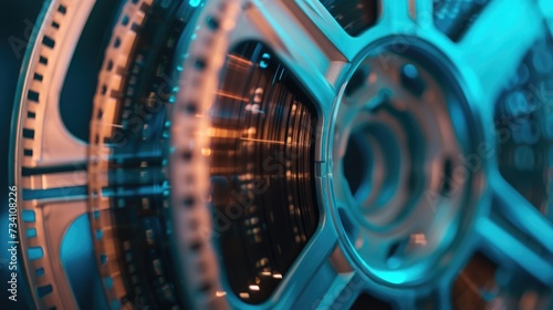 A detailed close up view of a machine's wheel. This image can be used to showcase industrial processes and technology