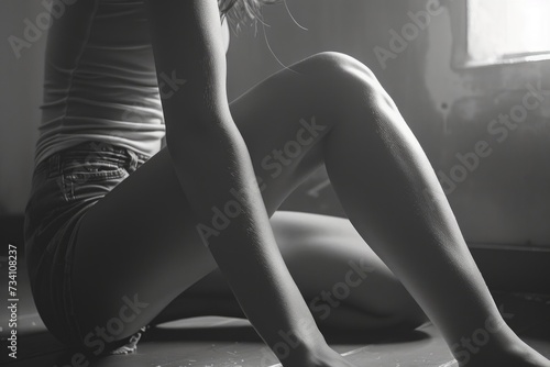 A black and white photo of a woman sitting on the floor. Can be used for various design projects