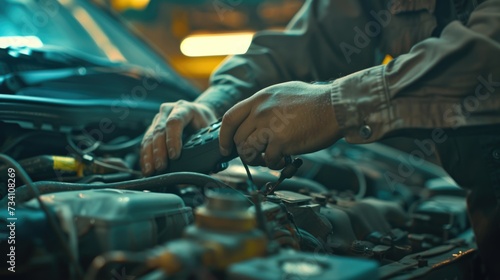 A man is seen working on a car engine. This image can be used to illustrate automotive repairs or DIY car maintenance