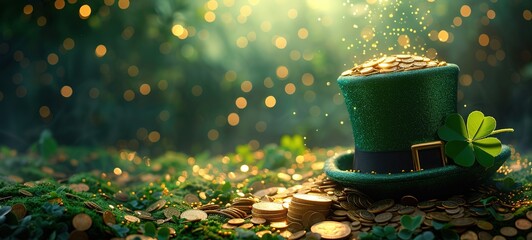 St. Patrick's Day leprechaun hat, gold coins and shamrocks on green background