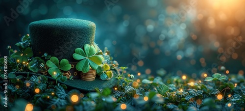 St. Patrick's Day leprechaun hat, gold coins and shamrocks on green background