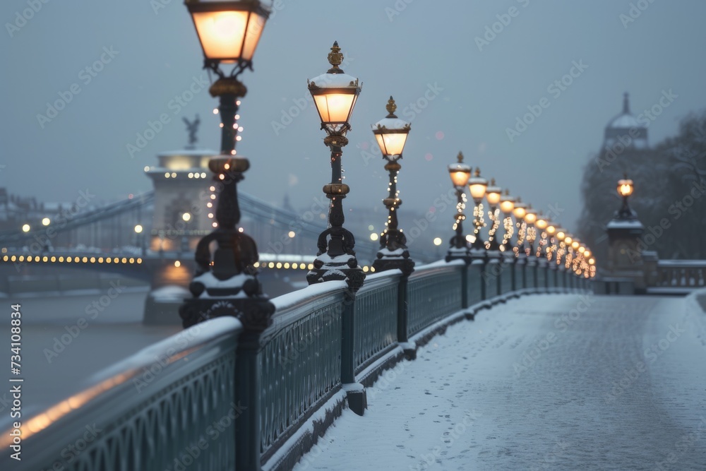 A snowy bridge illuminated by a row of street lights. This image can be used to depict winter scenes or urban landscapes