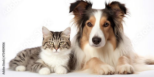 A dog and a cat lie on a white background. Advertising banner concept for a veterinary clinic or pet store.