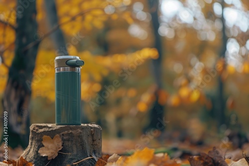 A green coffee mug sitting on top of a tree stump. Perfect for coffee lovers and nature enthusiasts