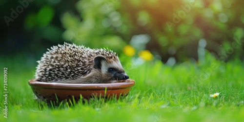 A hedge sitting in a bowl in the grass. Can be used to depict nature, gardening, or outdoor decor