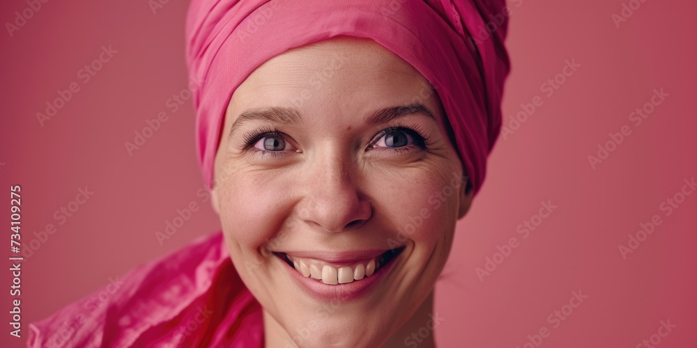 A woman wearing a pink turban smiles at the camera. This picture can be used to portray happiness, confidence, or cultural diversity
