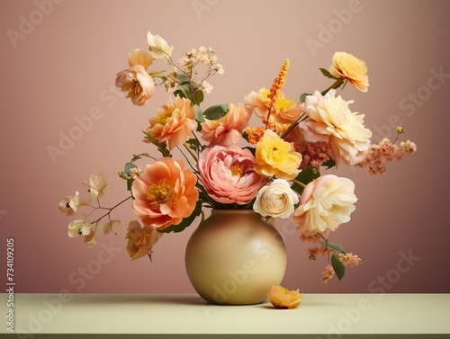 Yellow and pink flowers are in a vase © Generative Ai