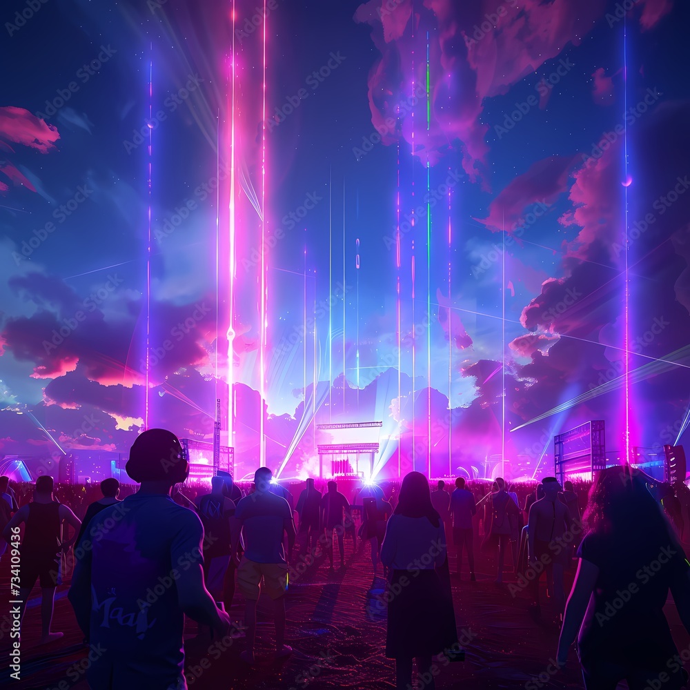 Vibrant Music Festival Atmosphere with Laser Lights and Ecstatic Crowd