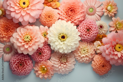 Top-down perspective of radiant zinnias on a muted pastel base, creating a captivating scene for text placement. © Kanwal