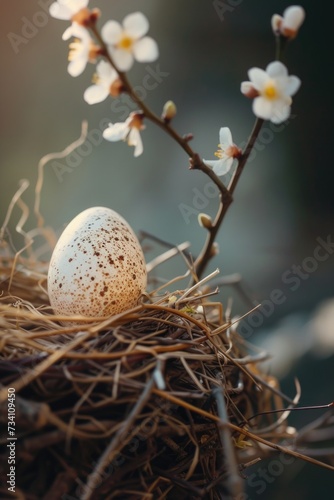 A bird's nest with a white egg sitting on top. Perfect for nature and wildlife themes photo