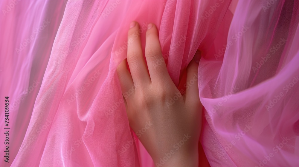 A close-up view of a woman's hand resting on a soft pink fabric. Perfect for fashion, textile, or feminine-themed projects A close-up view of a woman's hand resting on a soft pink fabric. Perfect for fashion, textile, or feminine-themed projects