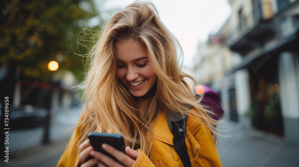 A blonde girl is looking at her smartphone on the street. A blonde girl is looking at her smartphone on the street.
