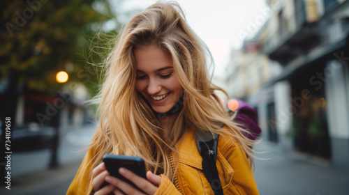 A blonde girl is looking at her smartphone on the street.