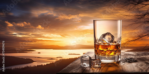 Scotch or whiskey glass with ice cube on a wooden table. Lake or sea bay at sunset in the background. © OleksandrZastrozhnov