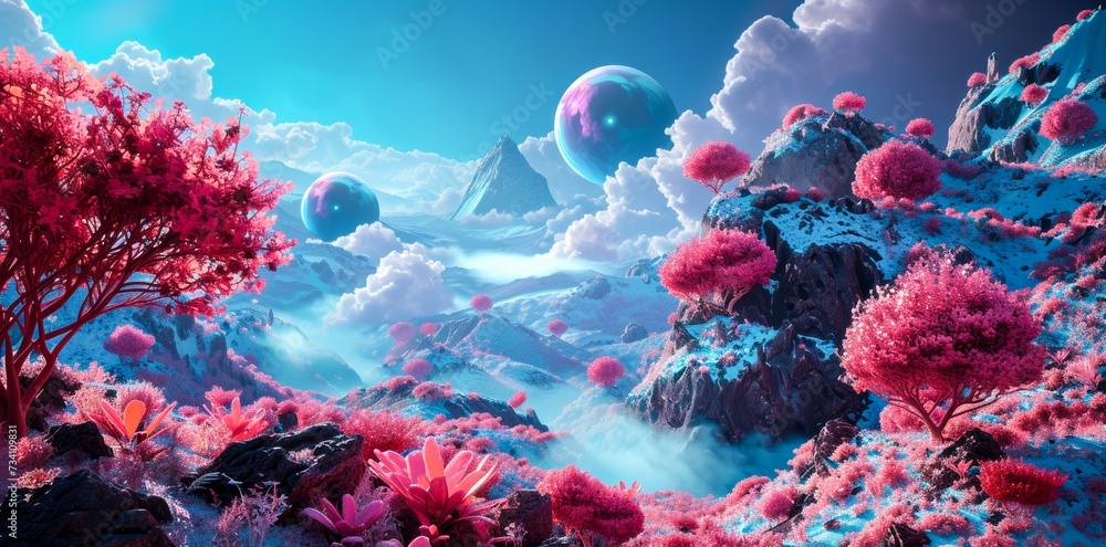 Naklejka premium A stunning landscape bursting with vibrant pink trees and majestic mountains, set against the backdrop of a natural reef and highlighted by an ethereal infrared glow