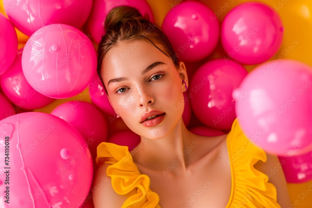 A young woman with a bright smile lies among a sea of pink balloons, creating a whimsical and playful atmosphere in an indoor party setting