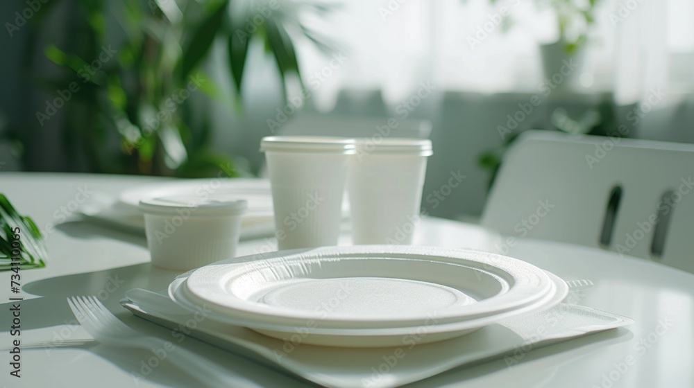 Fototapeta premium A simple and elegant table set up with a white plate and cups. Perfect for showcasing a minimalistic and clean aesthetic. Ideal for use in restaurant menus, food blogs, or home decor websites