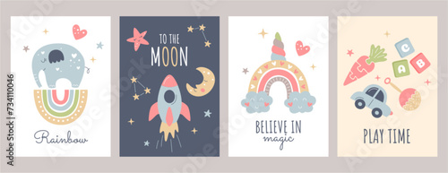 Set of cute boho baby posters in Scandinavian style. Bohemian nursery cards with rainbow, clouds, toys, elephant, rocket and moon. Print decor for kids room. Bedroom wall art with lettering quotes.