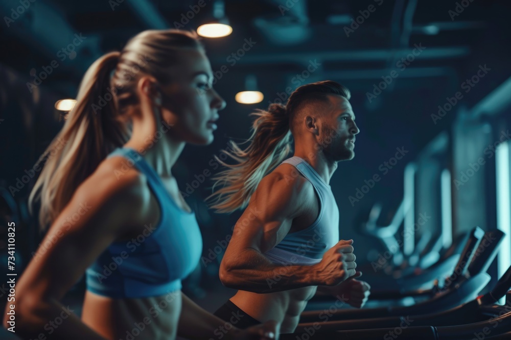 A picture of a man and a woman running on a treadmill. This image can be used to illustrate fitness, exercise, healthy lifestyle, or gym activities